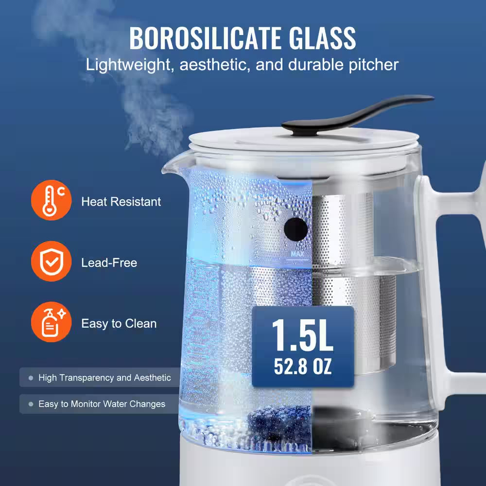 1.5 L Hydrogen Water Pitcher Generator, Hydrogen Rich Water Ionizer, SPE and PEM Technology, for Tea and Coffee Brewing