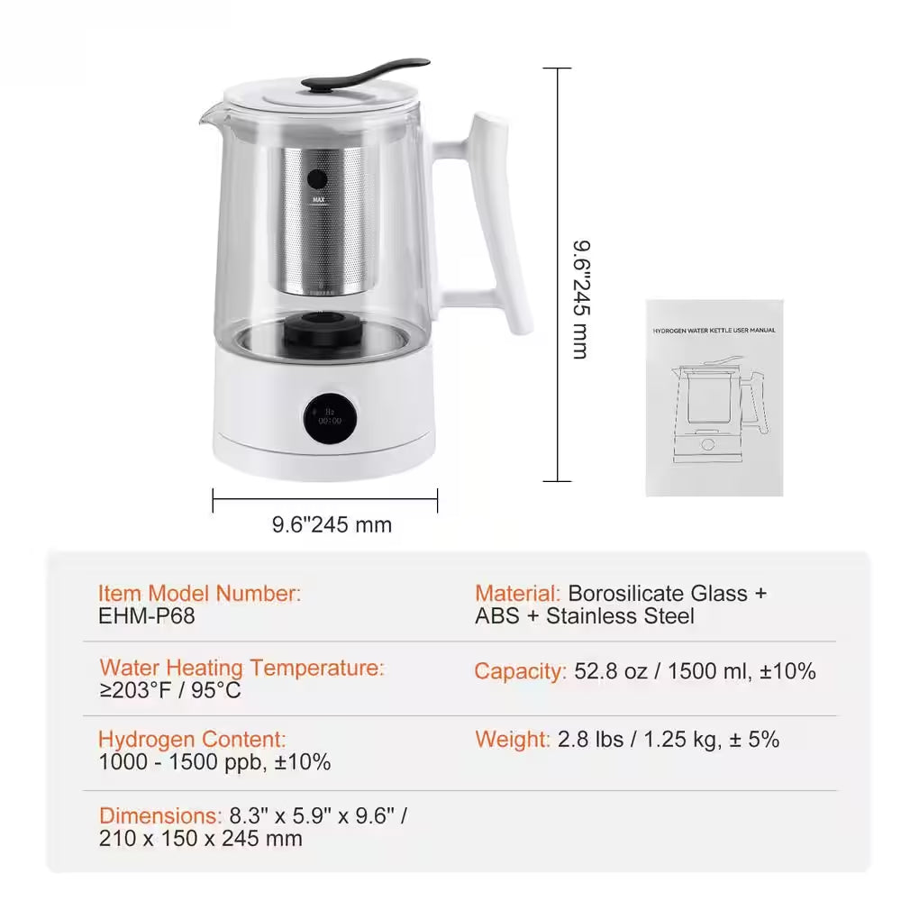 1.5 L Hydrogen Water Pitcher Generator, Hydrogen Rich Water Ionizer, SPE and PEM Technology, for Tea and Coffee Brewing