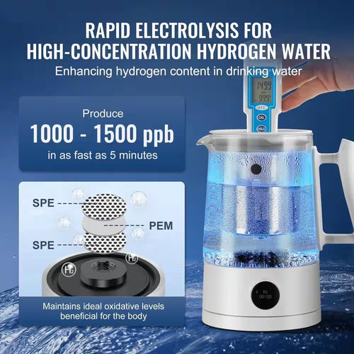 1.5 L Hydrogen Water Pitcher Generator, Hydrogen Rich Water Ionizer, SPE and PEM Technology, for Tea and Coffee Brewing