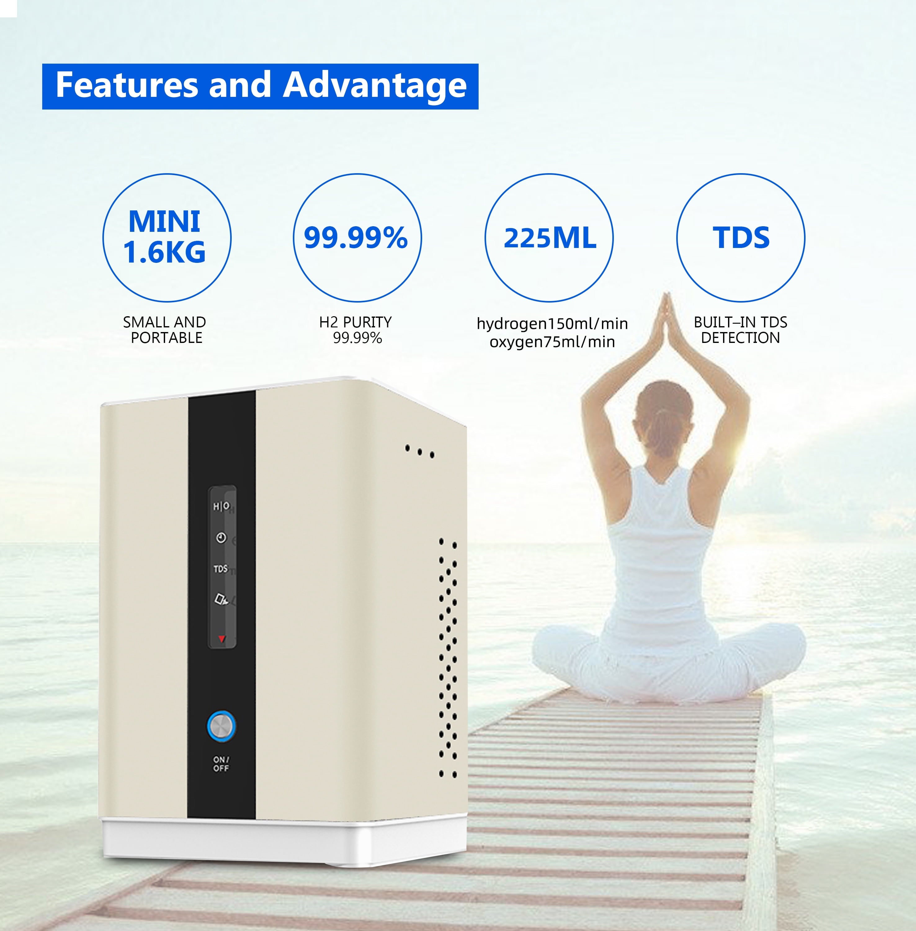 Hydrogen Water H2 Inhalation Machine with 150Ml/Min 99.99% High Purity H2 Low Noise Hydrogen Water Generator Ionizer SPE/PEM