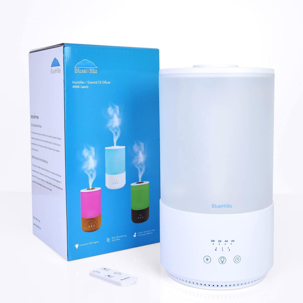 Premium 4000 Ml Tall Essential Oil Diffuser 4L 4 Liter 50 Hour Run with Remote Timer Aroma Humidifier 1 Gallon Big Capacity High Mist Output for Large Room Huge Size Mood Lights White T401