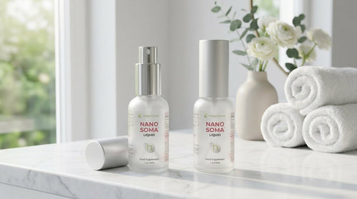 Two Nano Soma Liquid bottles on marble surface with white roses and towels