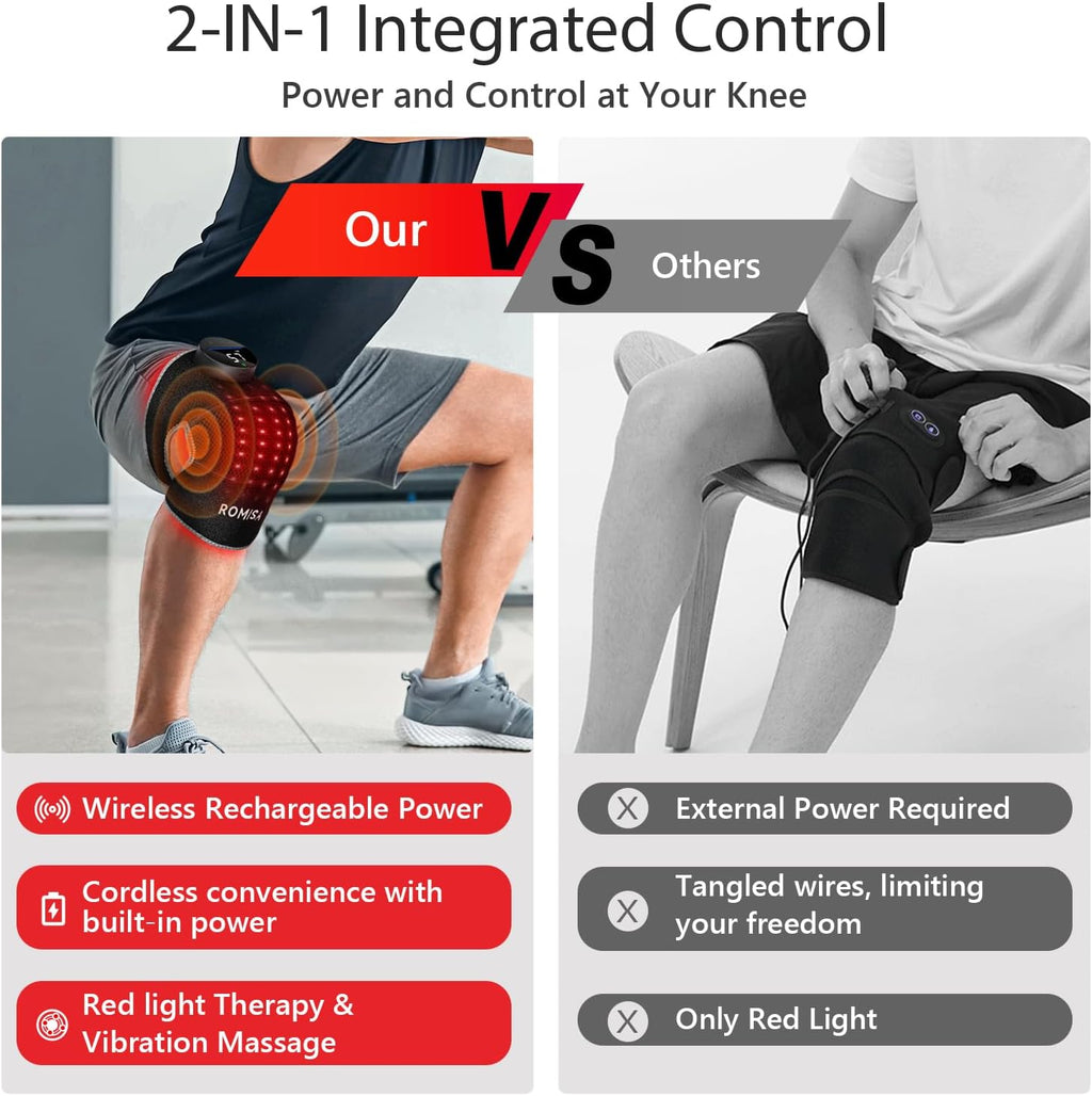 Red Light Therapy Knee Brace&Vibration Knee Massage for Pain Relief, 660Nm&850Nm Rechargeable near Infrared Light Therapy Device for Knee/Elbow/Shoulder Faster Recovery for Cordless Use