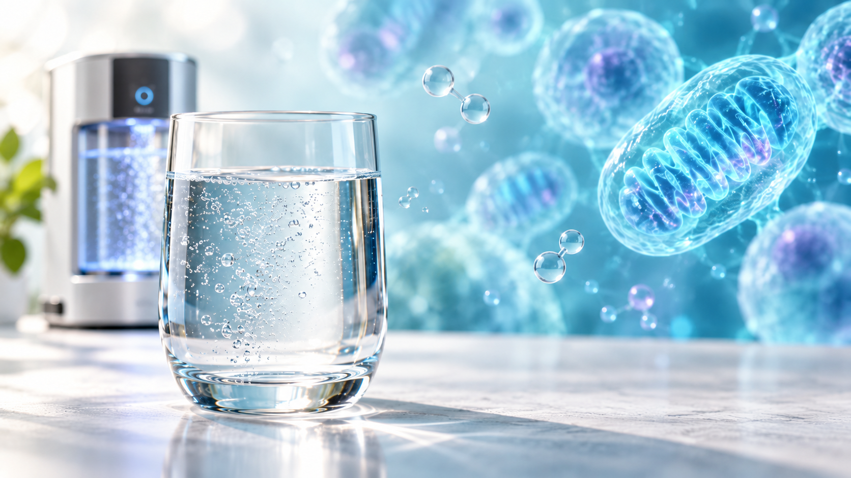 Glass of hydrogen water with cellular imagery and a hydrogen water machine in the background.