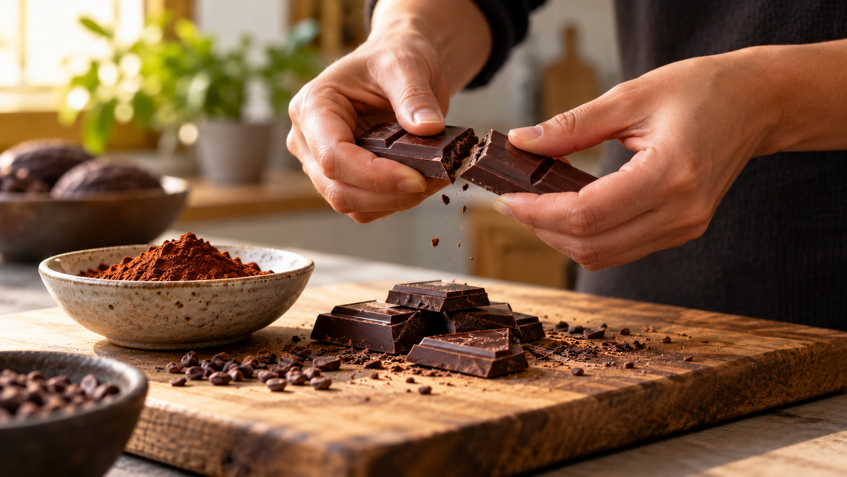 Hands breaking dark chocolate above a wooden board with cocoa powder and cacao nibs.