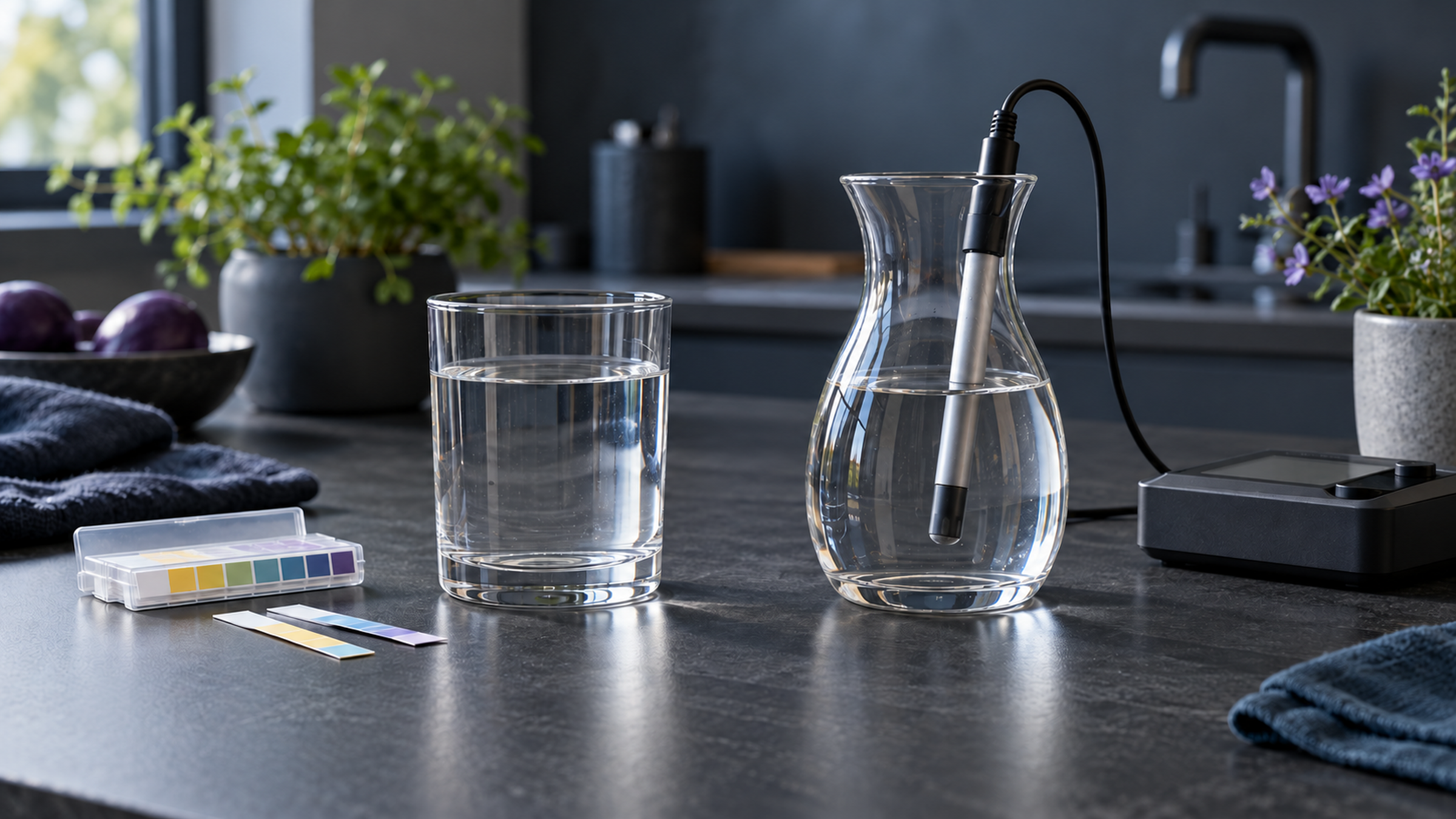 Two clear water vessels beside pH strips and a measurement probe.