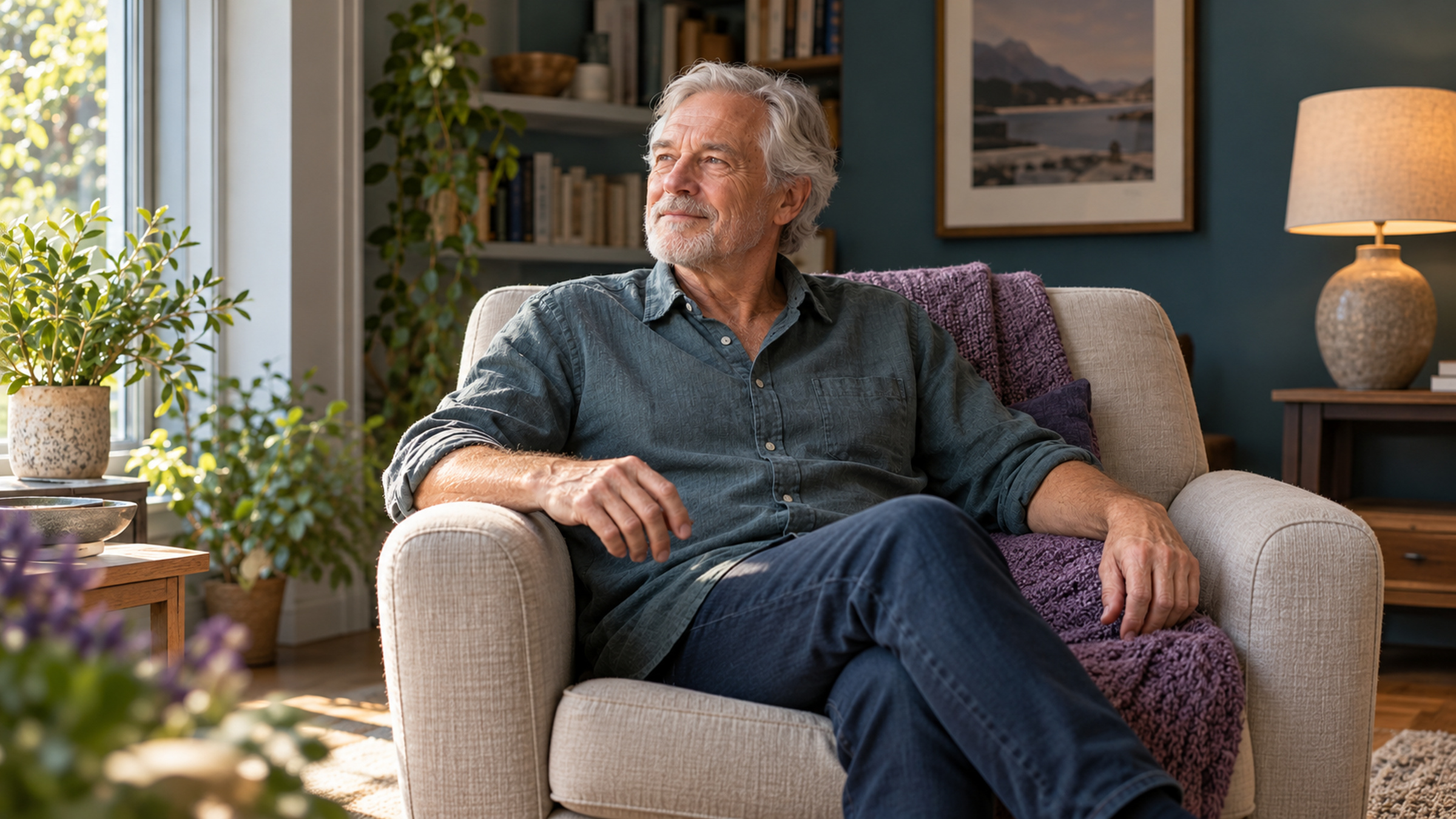 Older man seated comfortably in a softly lit room.