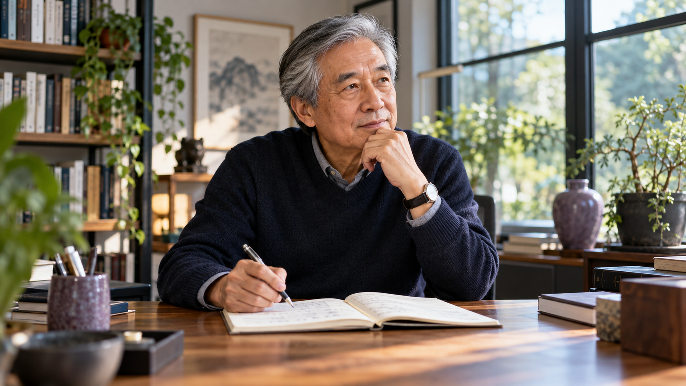 Older man considering a notebook at a desk.