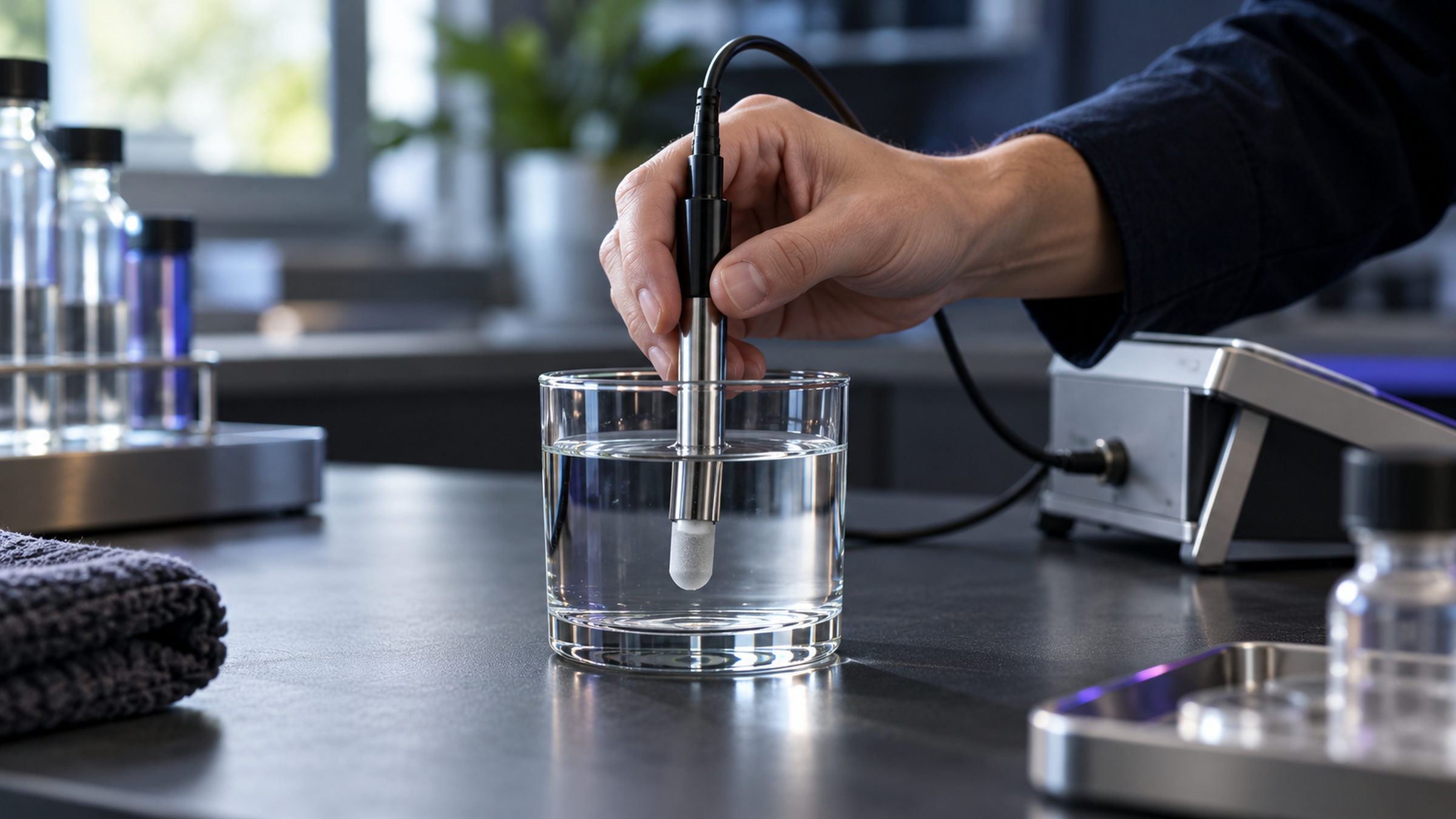 Hand holding a measurement probe in a clear water sample.