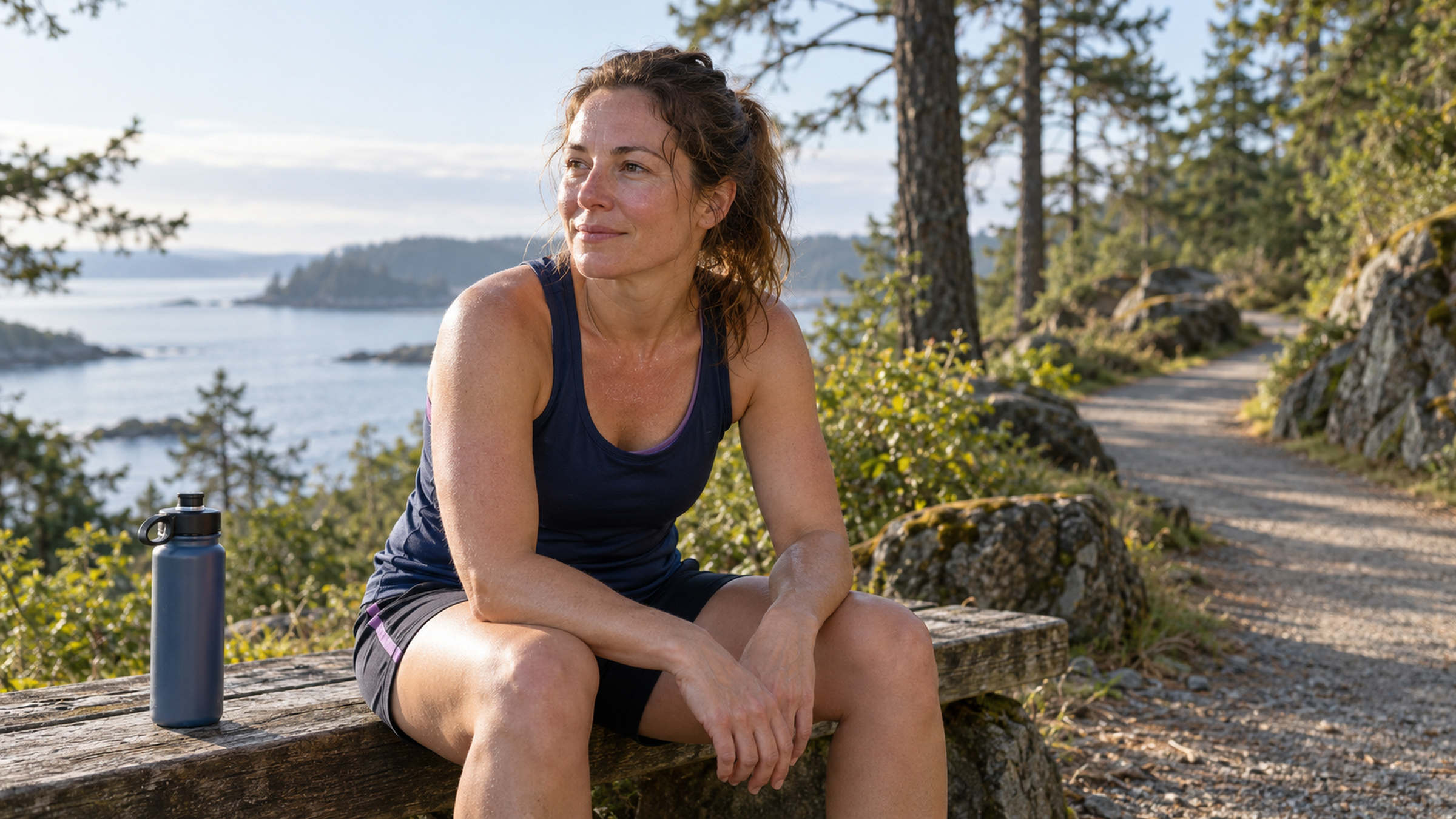 Woman resting after a run with a reusable water bottle nearby.