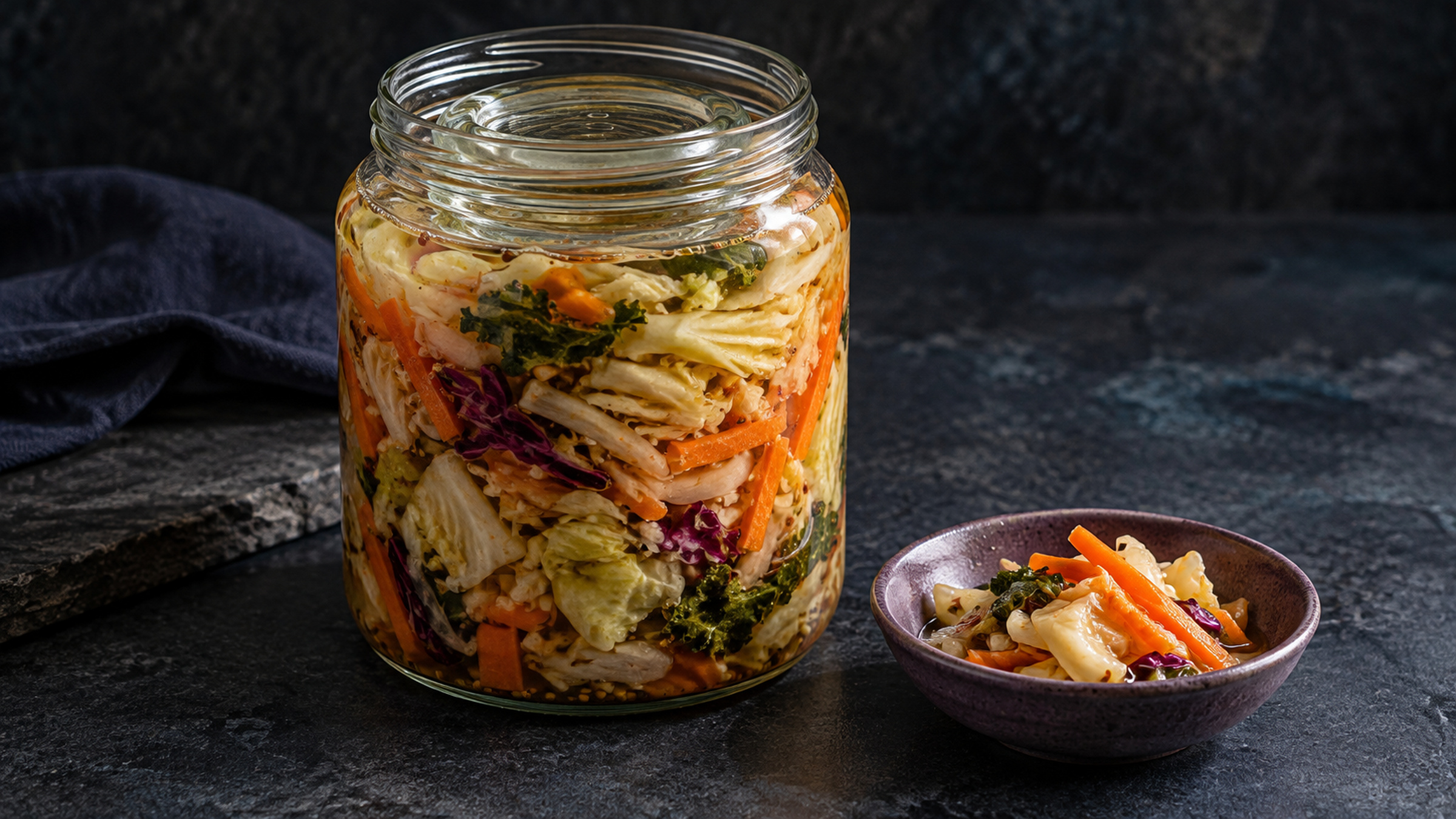 Glass jar of fermenting vegetables beside a small ceramic dish.