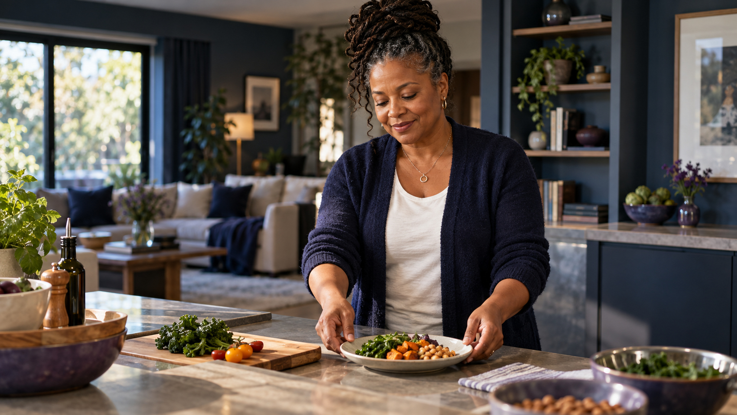 Woman preparing a meal in a modern home kitchen.