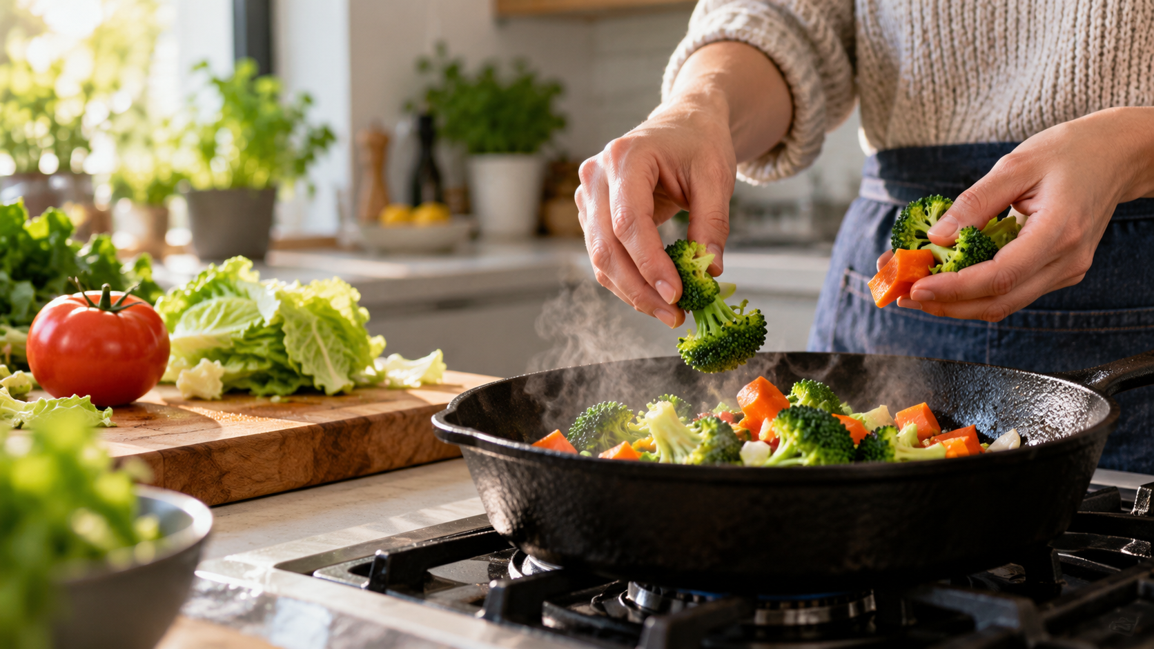 Hands adding broccoli and carrots to a steaming skillet beside a tomato and leafy greens.